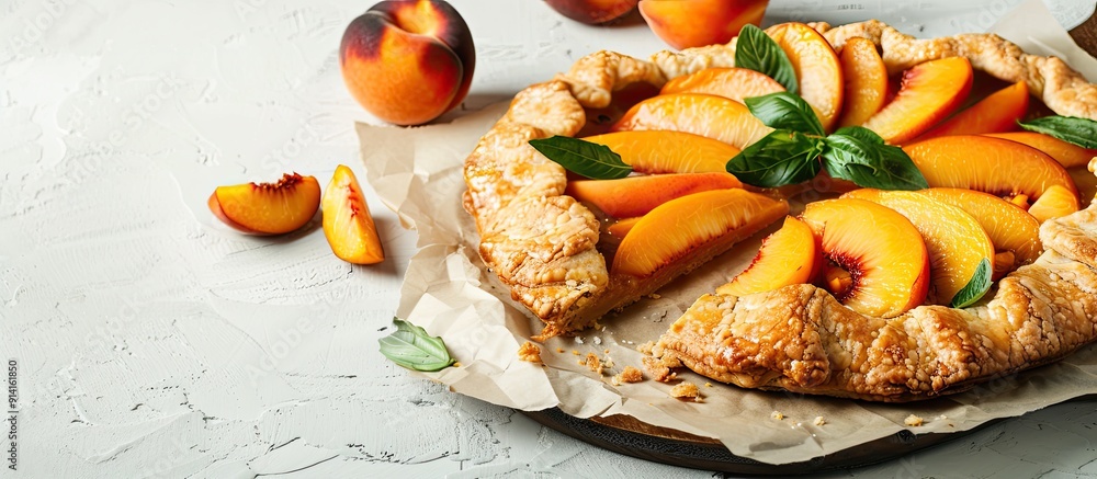 Aufkleber Light background with a serving board featuring pieces of delicious peach galette creating potential copy space image