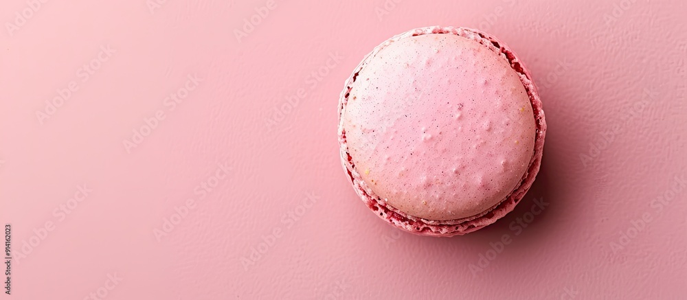 Aufkleber Top view of a pink macaroon biscuit on a pink background with copy space image emphasizing minimalistic food styling