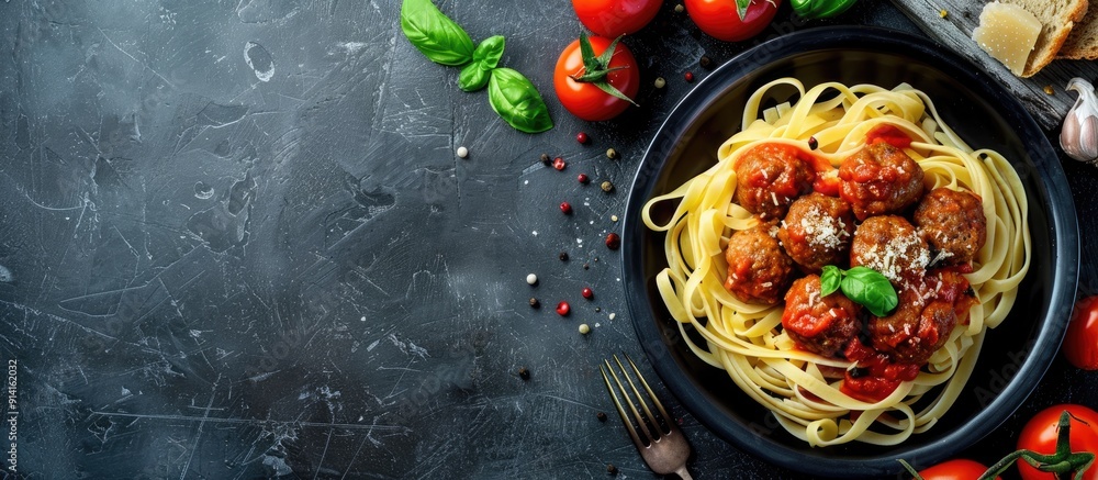 Aufkleber a healthy meal of pasta with meatballs and tomato sauce on a plate seen from the top on a rustic bac