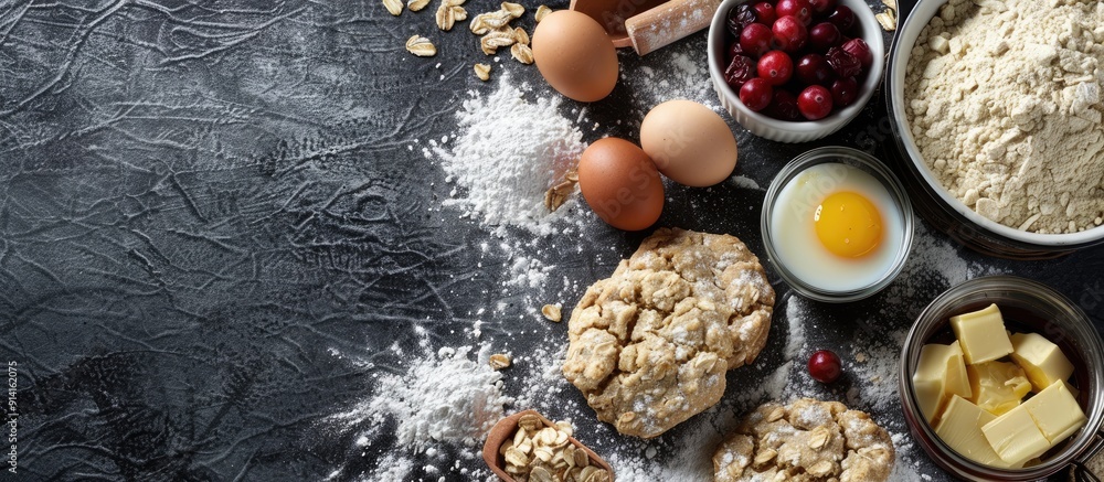 Aufkleber a food photography of various raw ingredients like oat biscuits cookie dough egg sugar flour butter 