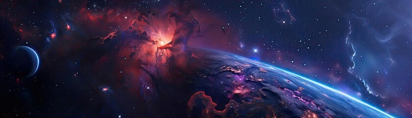 Obraz premium A mesmerizing cosmic scene featuring vibrant nebulae, distant stars, and a colorful planet, capturing the beauty of the universe.