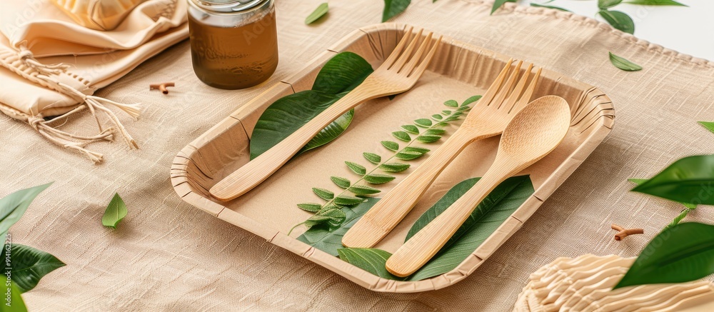Poster Eco friendly disposable paper tableware for parties picnics and barbecues with a blank space for an image. Creative banner. Copyspace image