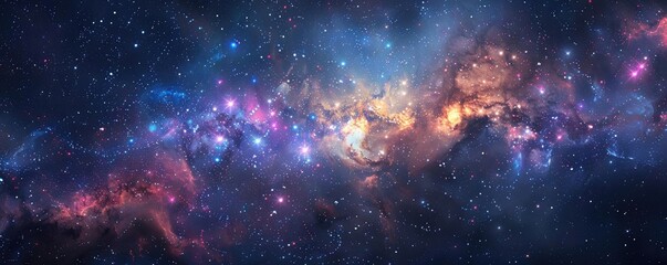Naklejka premium Breathtaking cosmic scene featuring vibrant galaxies, stars, and nebulae, showcasing the beauty of the universe in vivid colors.
