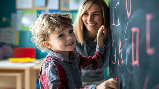 A child learning to write letters on a chalkboard with the guidance of a smiling teacher 