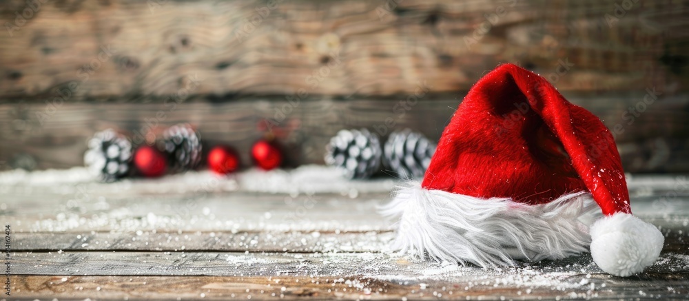 Poster santa hat on a wooden table with a christmas decoration in the background suitable for a copy space 