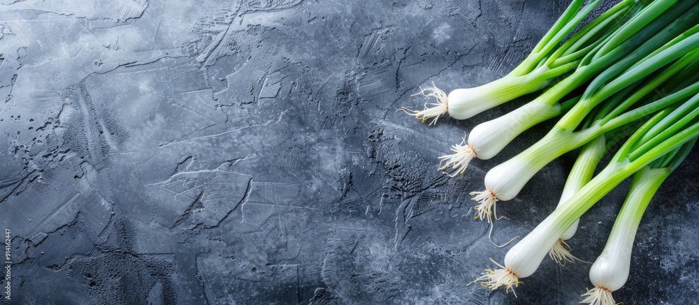 Aufkleber Fresh green spring onion arranged on a slate surface with text space available highlighting the health benefits of this vegetable in a visually appealing copy space image