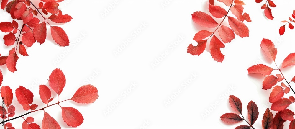 Aufkleber Foliage of red rowan leaves against a white backdrop creating an autumn themed frame with a blank area for additional content like a copy space image