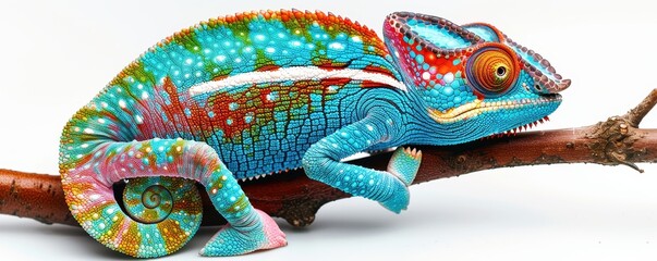Obraz premium Vibrant chameleon with bright colors perched on a branch, displaying its intricate patterns and unique appearance.