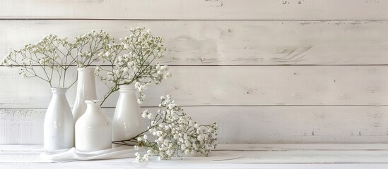 Elegant home decor featuring white bottles and small flowers on a white wooden plank for use in advertising design and branding with copy space image