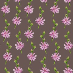 Seamless floral pattern repeating hand drawn illustration. Watercolor illustration delicate isolated pink flowers on brown burgundy background.