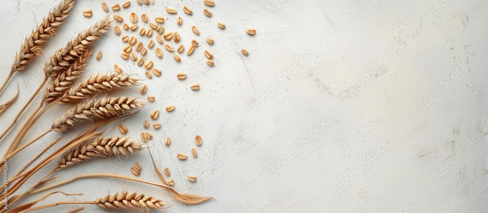 Poster Wheat ears and grains arranged elegantly on a white table with empty space for copying an image