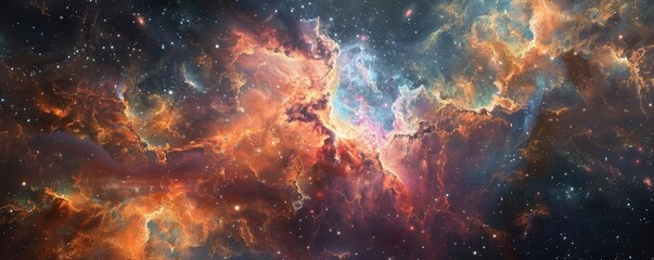 Obraz premium Stunning cosmic scene showcasing vibrant nebulae and stars against a dark expanse of space. Perfect for astronomy enthusiasts.