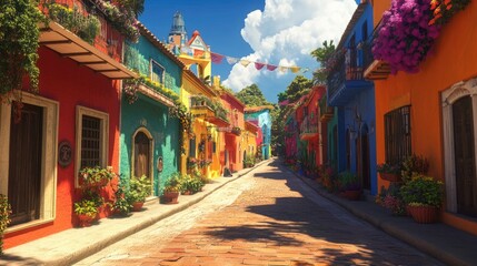 Fototapeta premium A vibrant street in a colorful South American town, with lively architecture and space for a cultural message.