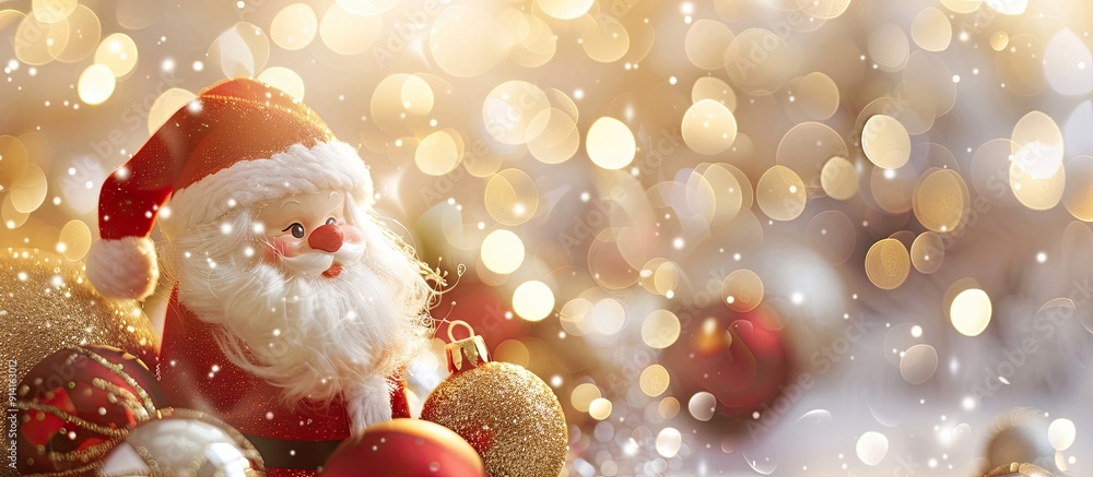 Poster copy space image featuring santa claus dolls and christmas decorations on an abstract light backgrou