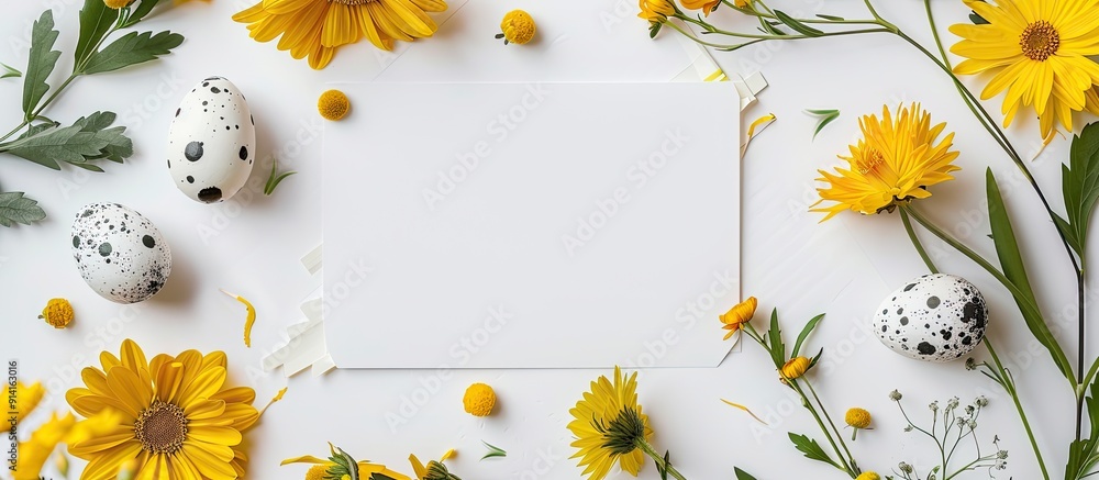 Aufkleber high quality flat lay photo of easter themed composition featuring yellow flowers easter eggs and a 
