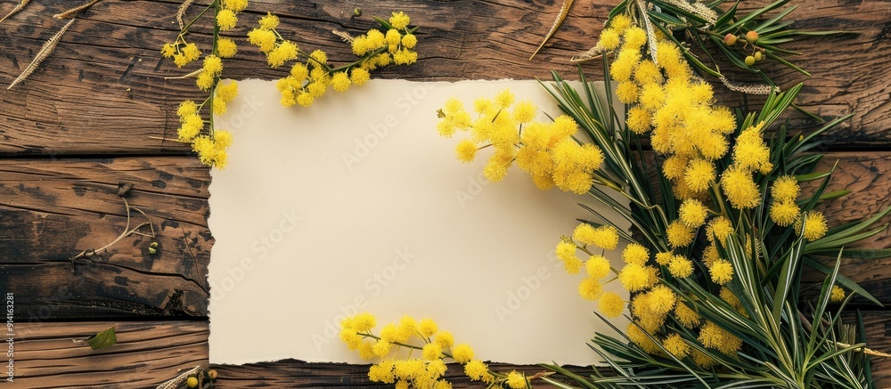 Aufkleber Mimosa flowers beautify a wooden background with a blank paper for text in the image. Creative banner. Copyspace image