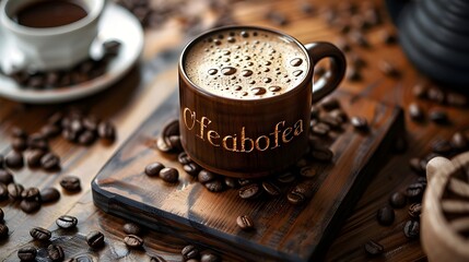cup of coffee with shape and coffee beans, Espresso coffee with coffee beans