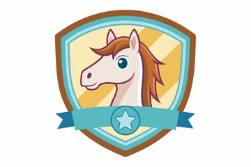Cartoon Horse Head with Shield and Ribbon Banner