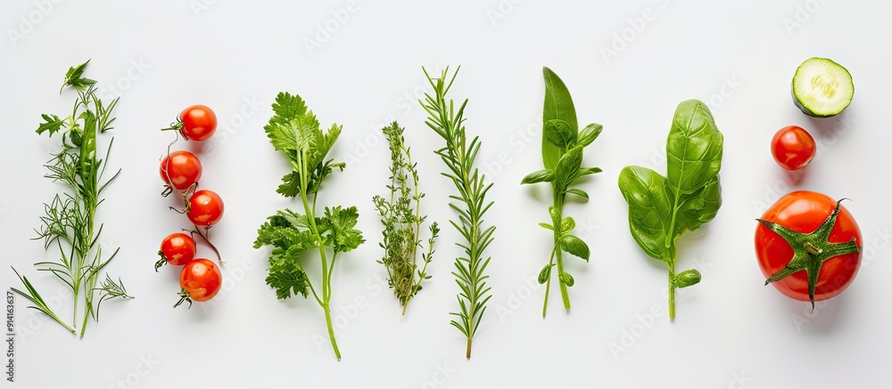 Poster healthy eating concept depicted with a selection of fresh vegetables and herbs on a white backdrop i