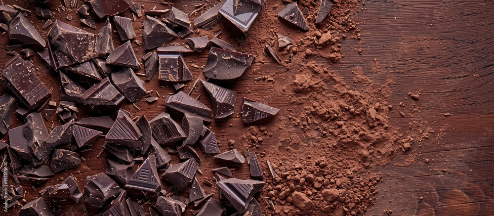 Fototapete an image of shattered chocolate bits and cocoa powder on a wooden surface seen from above with a bla