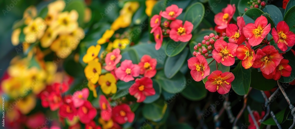 Sticker A vibrant mix of red and yellow Euphorbia Milii Desmoul flowers sits alongside Pink Red Poi Sian blooms on a bush near a fence creating a cheerful card pattern against a copy space image