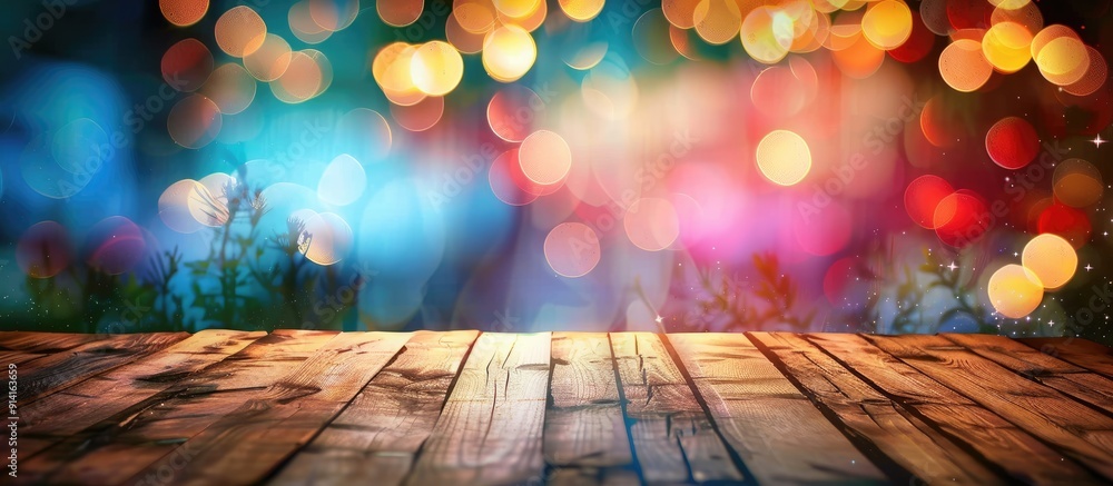 Poster wooden table ready for showcasing products with a soft colorful bokeh background ideal for a copy sp
