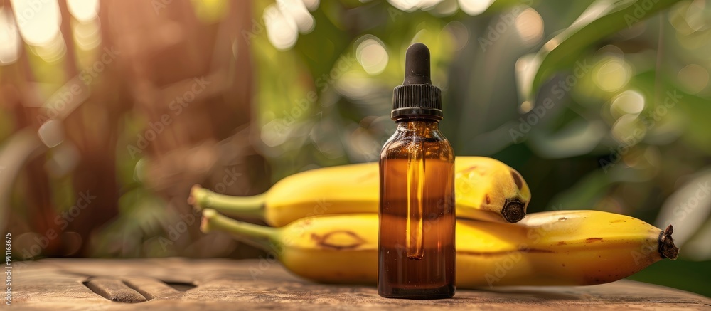 Poster small bottle with plantain extract in selective focus presenting a natural copy space image