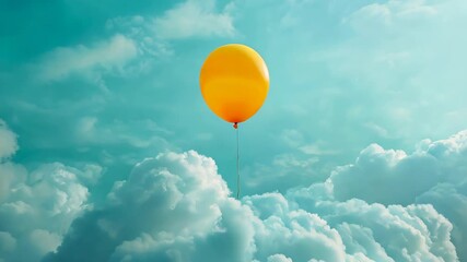 Yellow balloon floating among fluffy clouds in a bright blue sky, whimsical and serene atmosphere