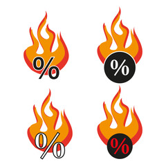 Discount fire icons. Percentage sign flames. Vector hot sale. Promotional symbol.