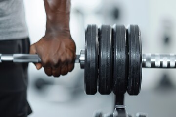 Fototapeta premium Close-up of a man's hand gripping a heavy barbell, emphasizing strength and determination during weightlifting in the gym.