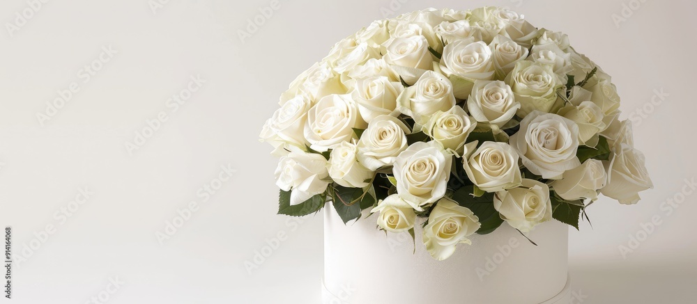 Poster A high end arrangement of white roses in a floral hat box with a spacious area to add text or images set against a plain white backdrop. Creative banner. Copyspace image