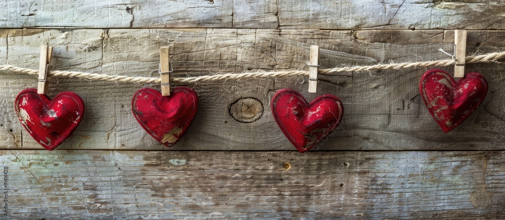Aufkleber Red hearts displayed on a clothesline against an aged wooden backdrop with copy space image