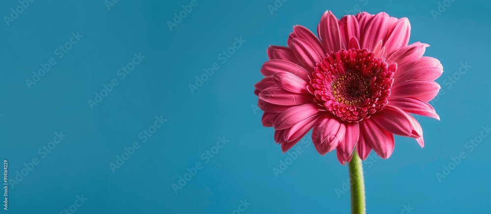Aufkleber magenta gerbera flower on a blue backdrop in a copy space image