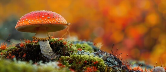 Gorgeous orange birch bolete mushroom in autumn forest setting beside a moss covered reindeer lichen Cladonia rangiferina creating an enchanting copy space image