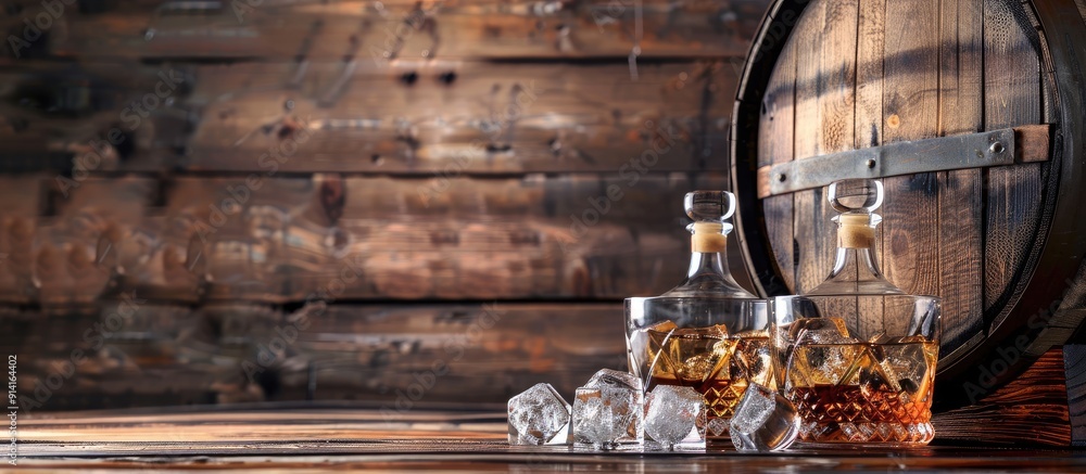 Poster wooden barrel backdrop with glasses whiskey bottle and ice ideal for text placement copy space image