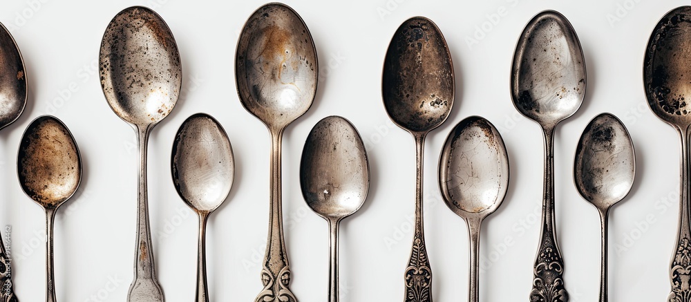 Poster Vintage spoons displayed in a silverware pattern against a white background in a kitchen themed copy space image captured from a top down perspective