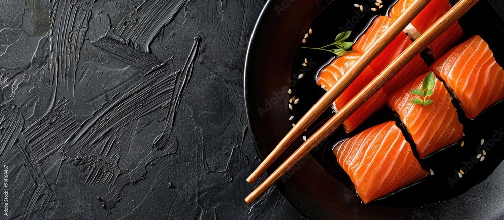 Poster Enjoy Japanese cuisine with fresh pieces of raw salmon sashimi held by chopsticks and dipped into a savory sauce creating a visually appealing copy space image