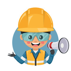 Industrial engineer dressed in reflective safety vest, blue coverall, helmet, safety glasses and gloves making an announcement with a megaphone. Industrial safety and occupational health at work