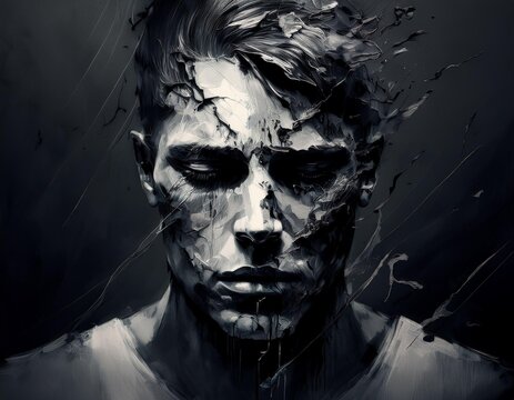 Sad young man sorrow grief vulnerability vulnarable pain mental health black and white art
