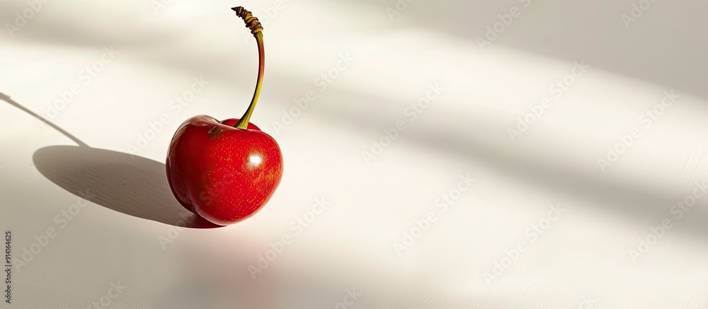 Poster a fresh and ripe cherry with its stem on a white background in bright sunlight providing a beautiful