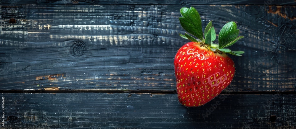 Aufkleber top view of a ripe strawberry with leaves on a dark wooden surface ideal for a copy space image