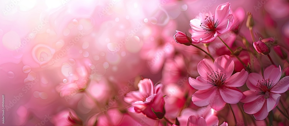 Poster Pink flowers are softly blurred in the background creating a copy space image ideal for adding your inscriptions or designs