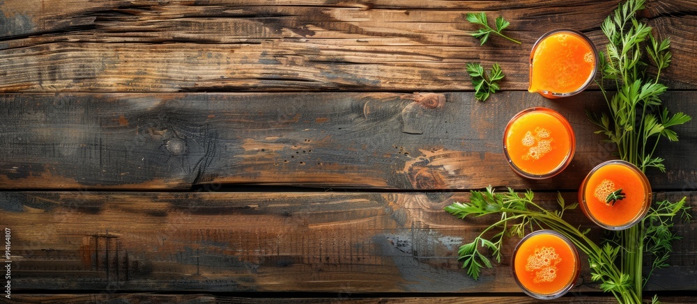 Poster Wooden table with fresh carrot juice in flat lay configuration suitable for text in copy space image