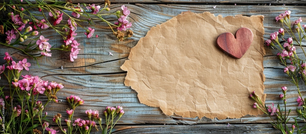 Poster valentine s day love concept with heart shaped note paper and flowers on a wooden background ideal f