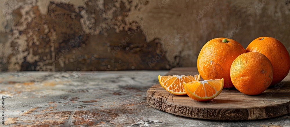 Poster tangerine displayed on a wooden board with copy space image