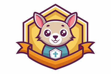 Cute Cartoon Animal with Cross in Hexagon Badge