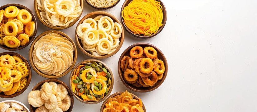 Traditional Indian Gujarati snack fafda papdi and jalebi dessert on a white background with a top view perfect for copy space image