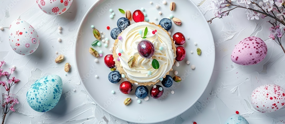 Poster easter themed plate with a blueberry muffin topped with whipped cream surrounded by decorative items