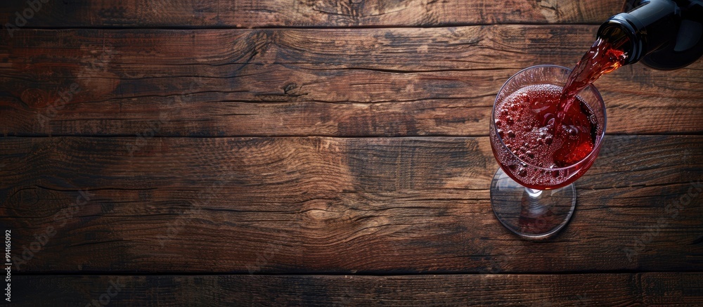 Poster Wine poured into a glass from a bottle on a wooden background with space for text or images. Creative banner. Copyspace image