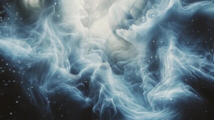 Abstract blue and white smoke swirls with hearts.